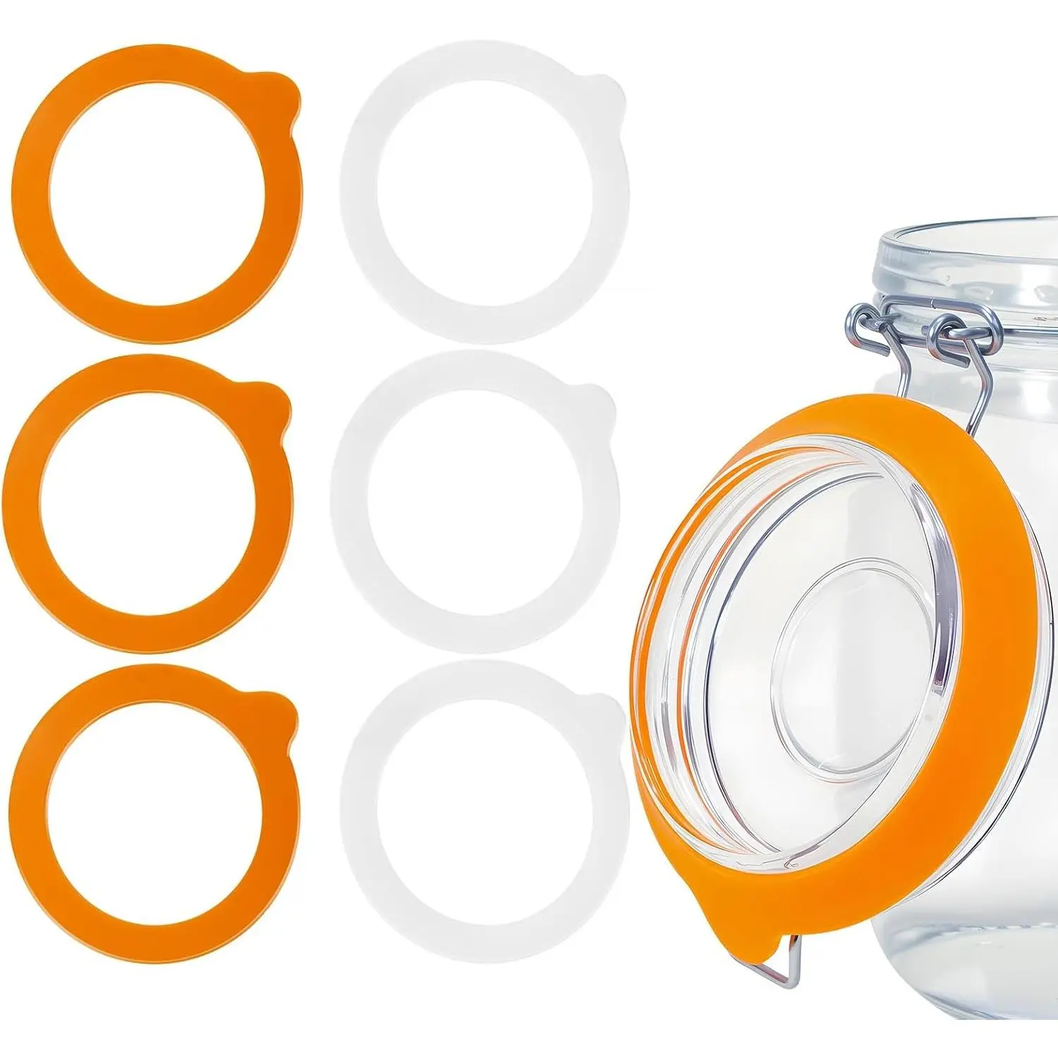 3.75 Inches Diameter Rubber Seals for Glass Jars, 6 Pcs Food Grade Airtight Replacemen Silicone Jar Gaskets, Leakproof Gasket Sealing Rings for Canning Mason Jars, Fits Most Sizes (White and Orange)