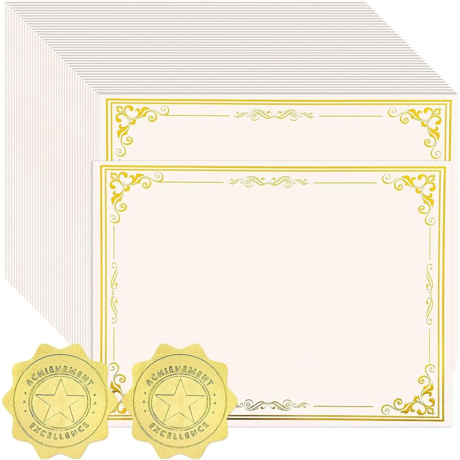 100 Sheets 8.5 x 11'' Printable Certificate Paper with 100 Gold Seal Stickers for Graduation, Marriage, Business Awards, Employee Recognition, Teacher Appreciation