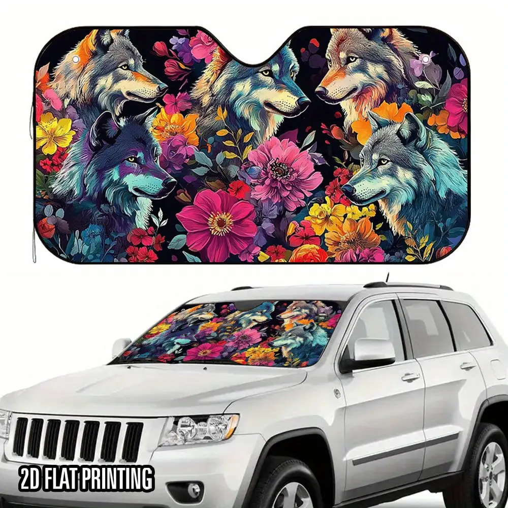 1pc 2D Flat Colorful Wolf Flower Blossoms Print Car Sunshade – Foldable, Stylish, and Cool, Easy to Install with 4 Suction Cups, Space-Saving Storage, Perfect for SUVs, Sedans, Vans & Trucks, 2D Flat