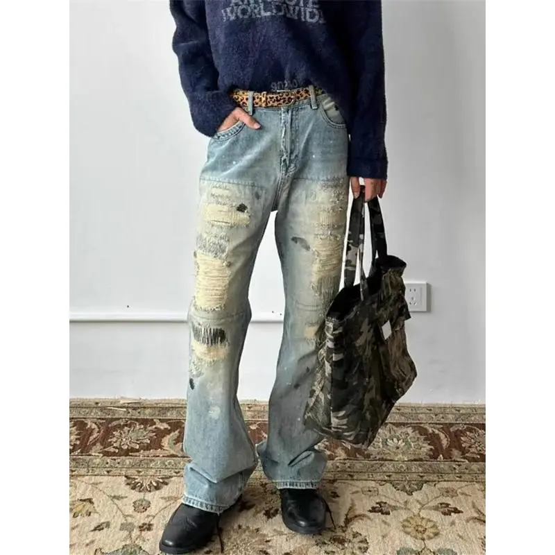 Ropa Grunge Y2K Streetwear Ripped Stacked Jeans Pants For Men 90S Vintage Clothes Straight Kanye Old Hip Hop Denim Trousers