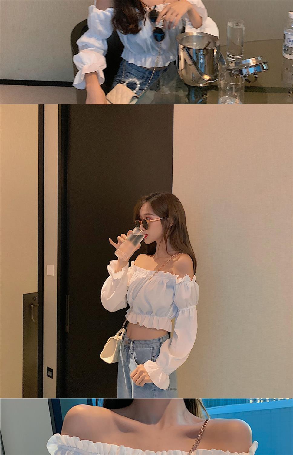 Women Top Sexy Blouse Off Shoulder Top Long Sleeve Club Party White Shirt Puff Sleeve Ruffle Crop Top Summer Tube Top