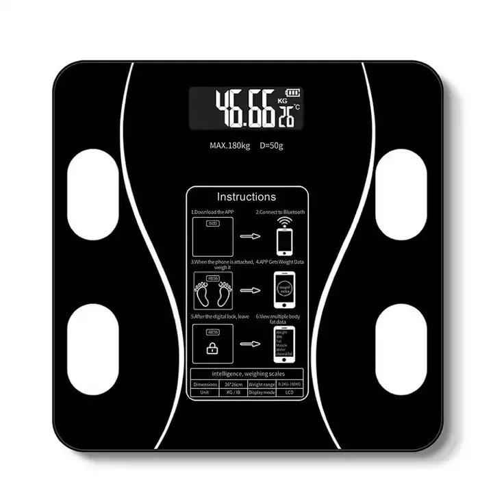 Digital Bluetooth Body Composition Measuring Scale - Black Tempered Glass, Step-and-Read Sensor, LED Display, 5kg-180kg Capacity, OKOK App Syncing, Accurate Bluetooth Functionality, USB Charging Compatible, Bathroom-Use Universal Electronics Accessory
