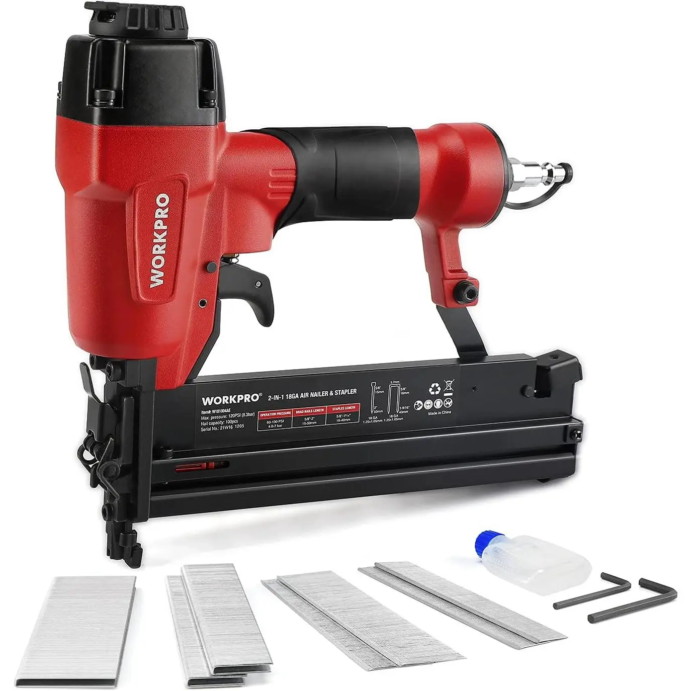18 GA Pneumatic Brad Nailer 2-in-1 Nail Gun & Stapler |   Includes 400 brad and 300 for woodworking, trim work, furniture, and DIY projects.