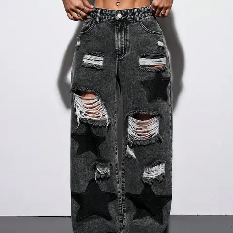Small Size Women's Acid Wash Ripped Wide Leg Jeans, Star Patch, Vintage Style, Y2K Streetwear, Mid Waist Button Fly Denim Pants
