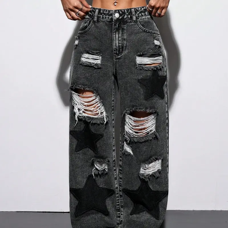 Small Size Women's Acid Wash Ripped Wide Leg Jeans, Star Patch, Vintage Style, Y2K Streetwear, Mid Waist Button Fly Denim Pants