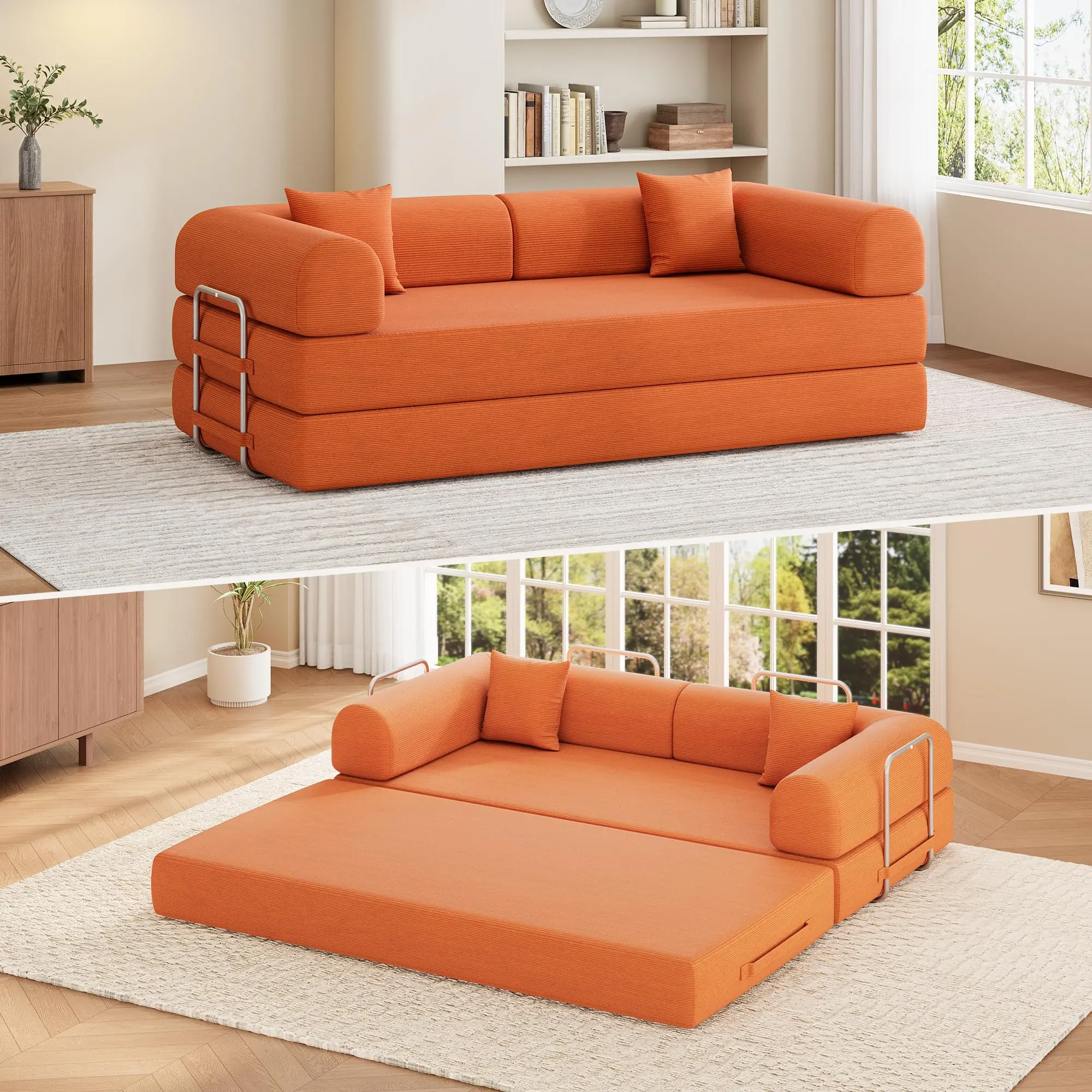 78.7" Convertible Sofa Bed, 5-in-1 Corduroy Modular Couch with Reinforced Frame, Removable Armrests & 2 Pillows, No Assembly Required