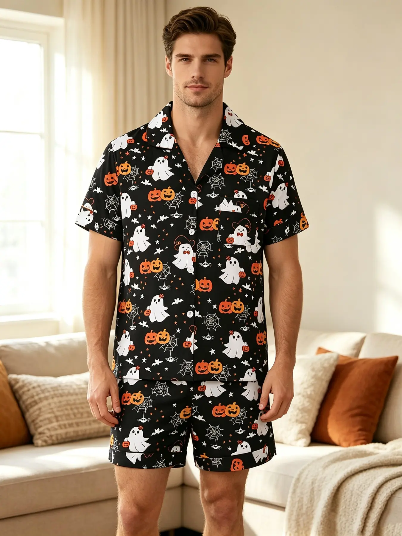 Men Halloween Pajama Set, Ghost Pumpkin Spider Print Short Sleeve Button Down Top And Shorts, Soft Holiday Sleepwear Loungewear For Night Wear.