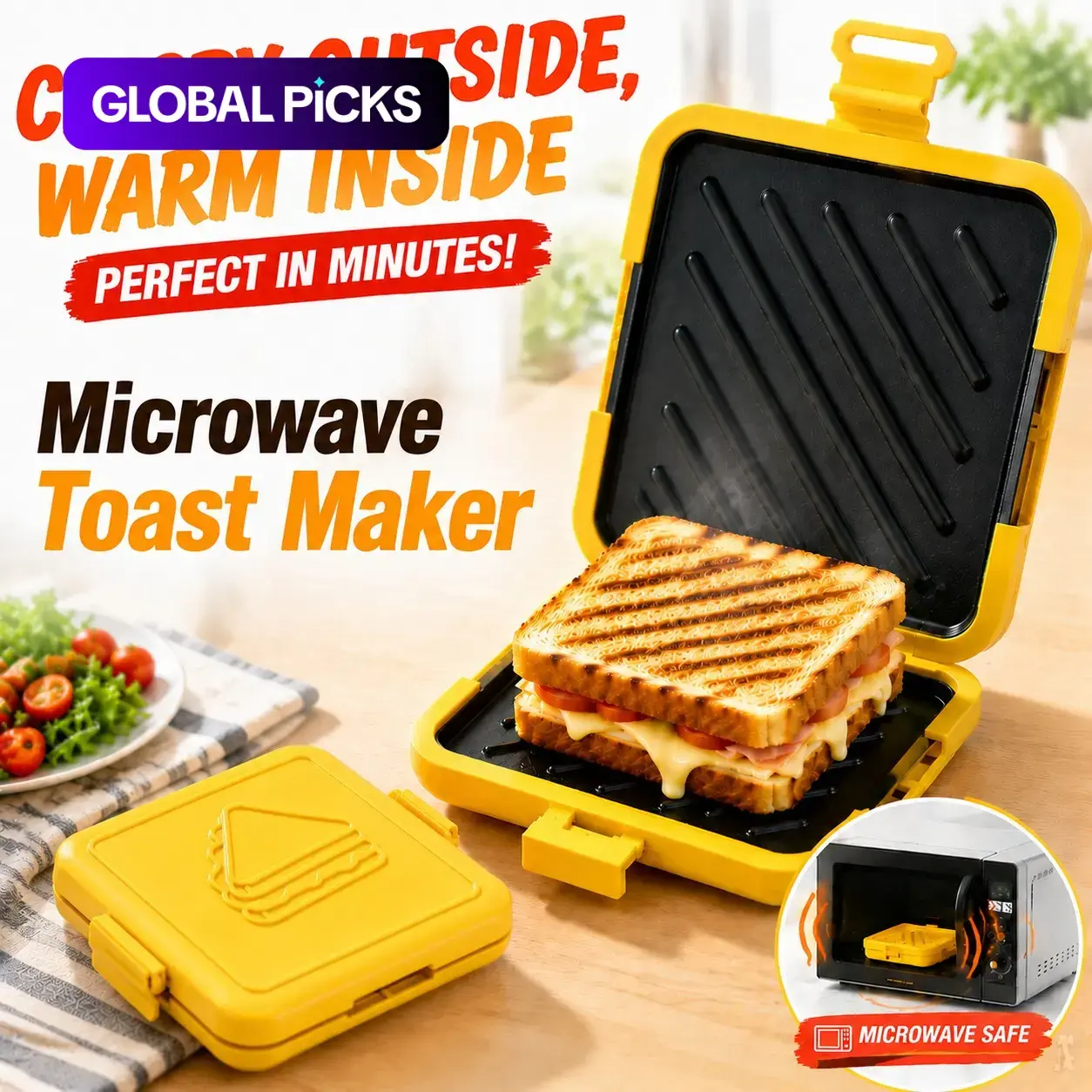 Microwave Sandwich Toast Maker Toastie Machine Breakfast Toaster Non-Stick Grill Plate, No Power Needed, Wireless, Time-Saving, Quick, Dishwasher Safe, Kitchen Appliances