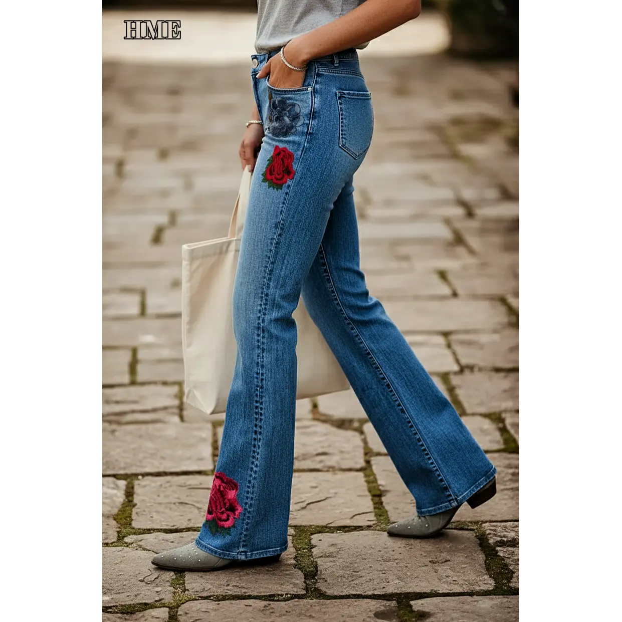 Women's High Street Embroidered Flared Jeans - Fashion Low-Rise Starched Denim with Full-Length Fit, Blue Floral & Colorful Embroidery Details, Blue Floral Embroidery Jeans, Colorful Embroidery Jeans