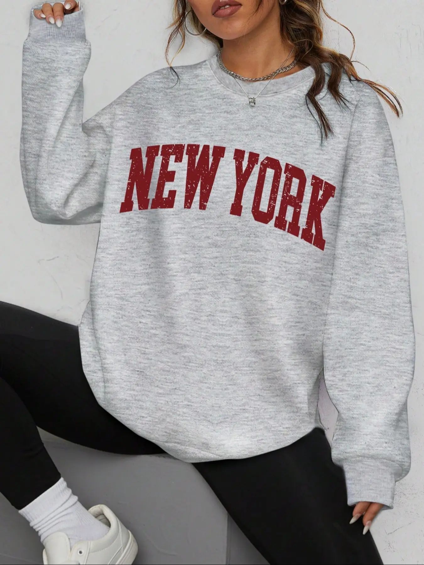 New York Vintage Loose Sweatshirt, Distressed Letter Print, Unisex Light Casual Pullover, Soft Comfortable Daily Wear