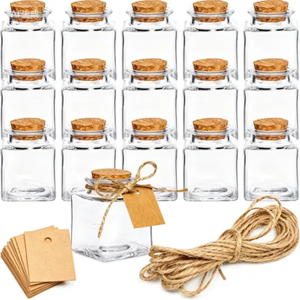 15-Pack Small Decorative Glass Bottles with Cork Stoppers Set - 1.7 Oz (50ml) Mini Jars with Twine, Blank Tags, Reusable for Kitchen Storage, Room Crafting, Gift Party Favors