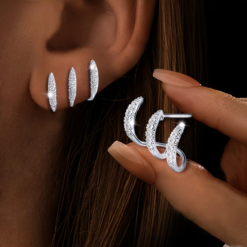 925 Silver Geometric Stud Earrings with Cubic Zirconia, Sparkling 3-Prong Design, Hypoallergenic Unisex Ear Jewelry, Jewelry for Daily Wear & Parties, Elegant Daily & Party & Graduation Gift for Men & Women