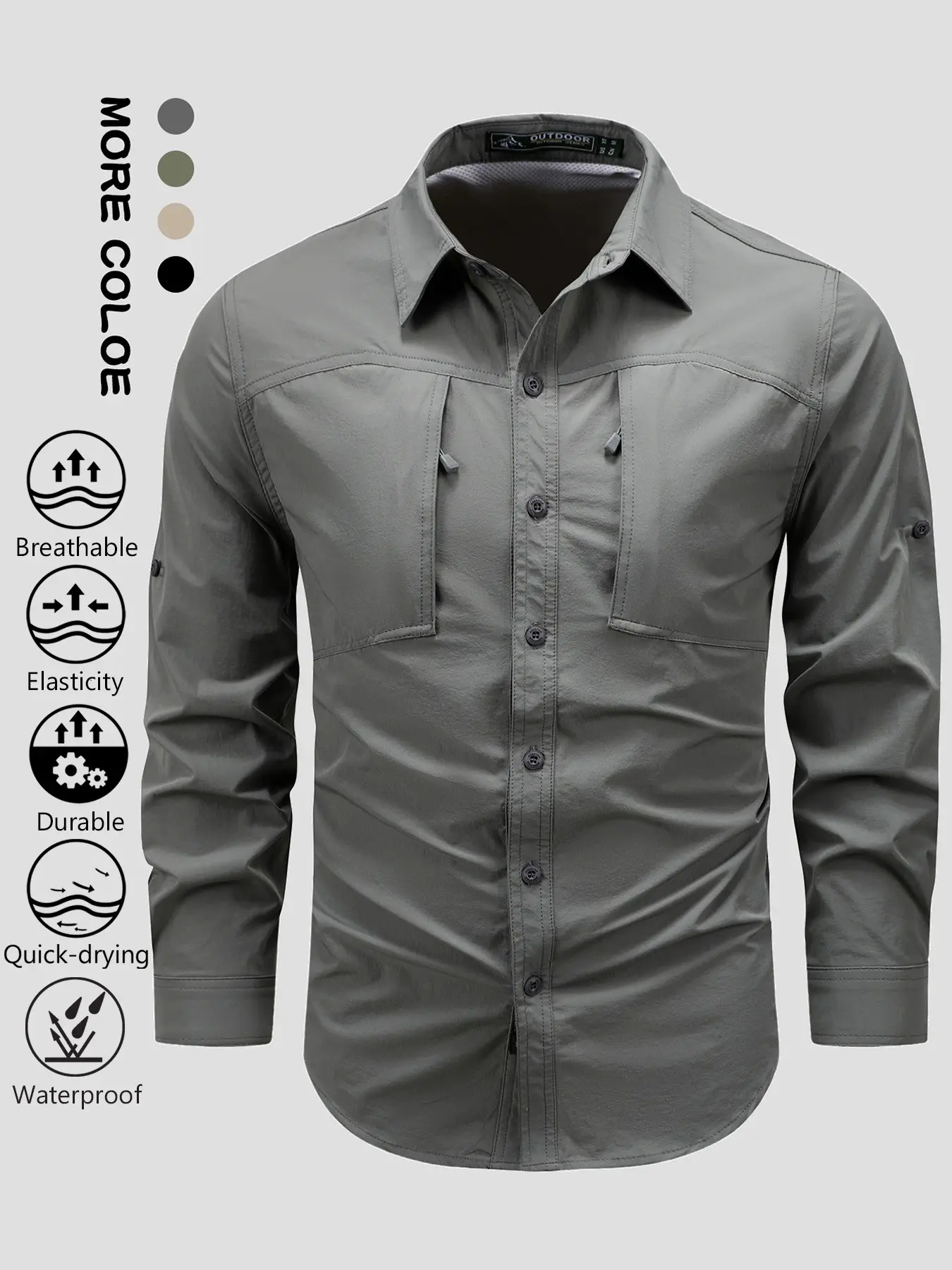 2026 New Arrival Men Tactical 5 Functional Waterproof Quick Dry Work Shirt Breathable Stretch Durable Mesh Lined Adjustable Roll Cuff Dual Zip Chest Pockets Lightweight Outdoor Hiking Fishing Camping Daily Shirt Gray Army Green Khaki Black Four Color