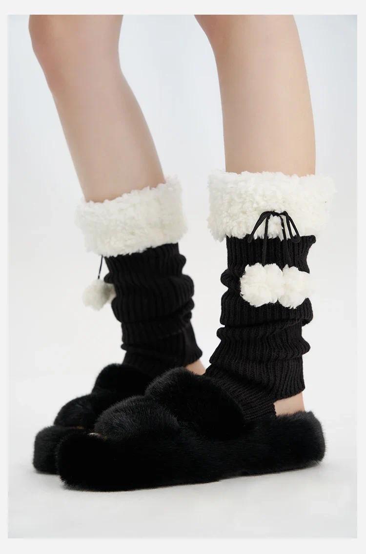 JK Leg Heaters Knitted Lamb Plush Ball Sock Lolita Thickened Winter Warm Socks Foot Cover Woolen Ball Stocking Women Leg Warmers