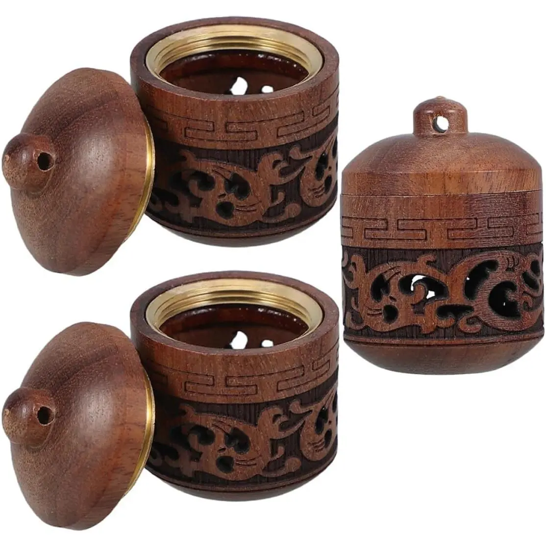 3pcs Wooden Lantern-Shaped Lotus Totem Aroma Diffuser Pendant Set - Hollow-Carved Essential Oil Necklace for Aromatherapy, Fragrance Enhancement, and Air Freshener Use, Bottle