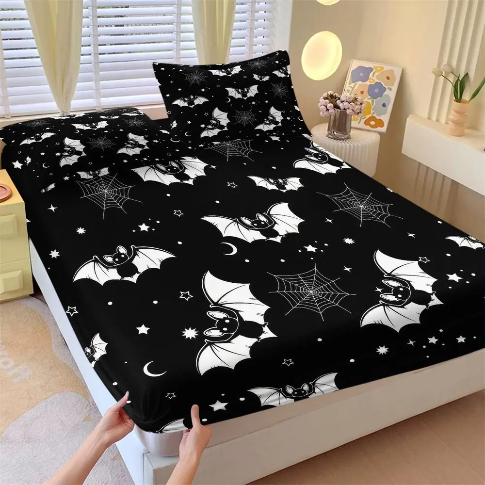 3Pcs Spooky Bat Pattern Fitted Sheet Set, Halloween Gothic Bed Sheets Set, Soft Microfiber Bedding Set for Bedroom Decor, Black Aesthetic Night Sky Bedding for Teens & Kids, Easy Care No Fillers