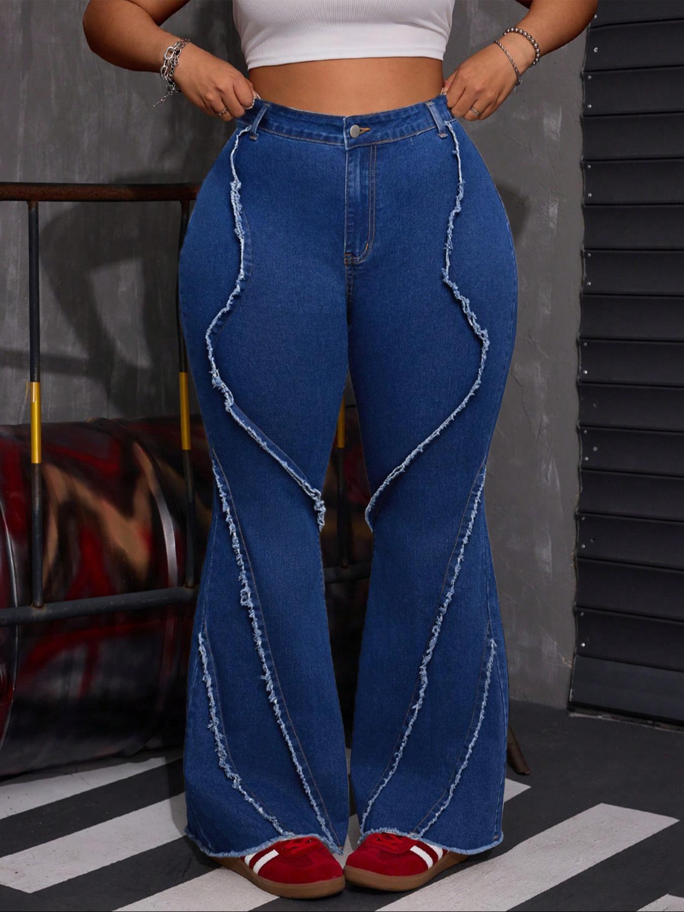 【Plus Size】 Solid Color Flare Leg Denim Jeans, Fashion Casual Bell Bottom Trousers for Daily Outdoor Wear, Women Plus Clothing for All Seasons