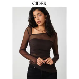 Cider [size 2-10] Mesh Asymmetrical Neck Long Sleeve Top Dealsforyou