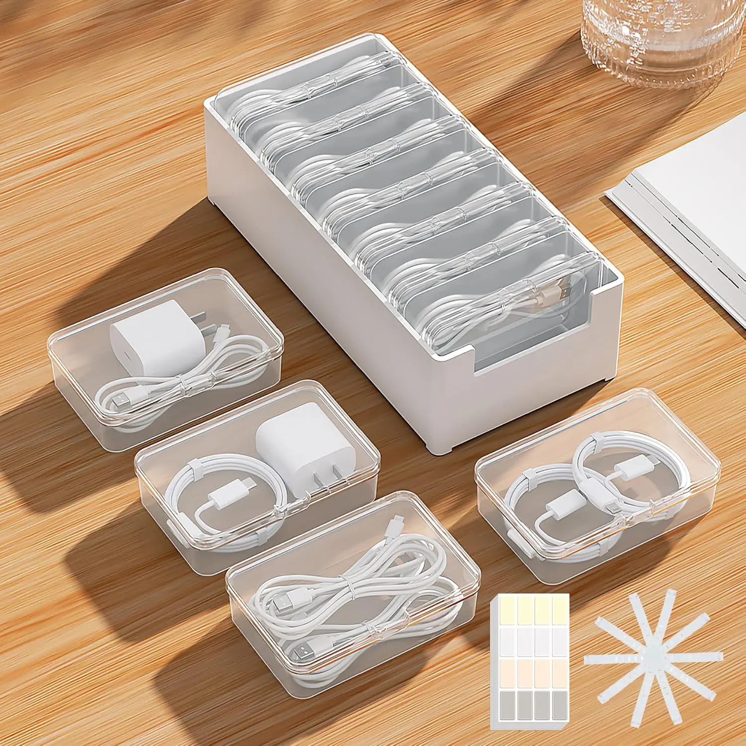7 Case  Storage Box with  Straps and Label Stickers, Travel Cord Organizer for  Cables, USB Wires, Earphones – Drawer Organization for  & Office (7 Cases + 7  Straps)