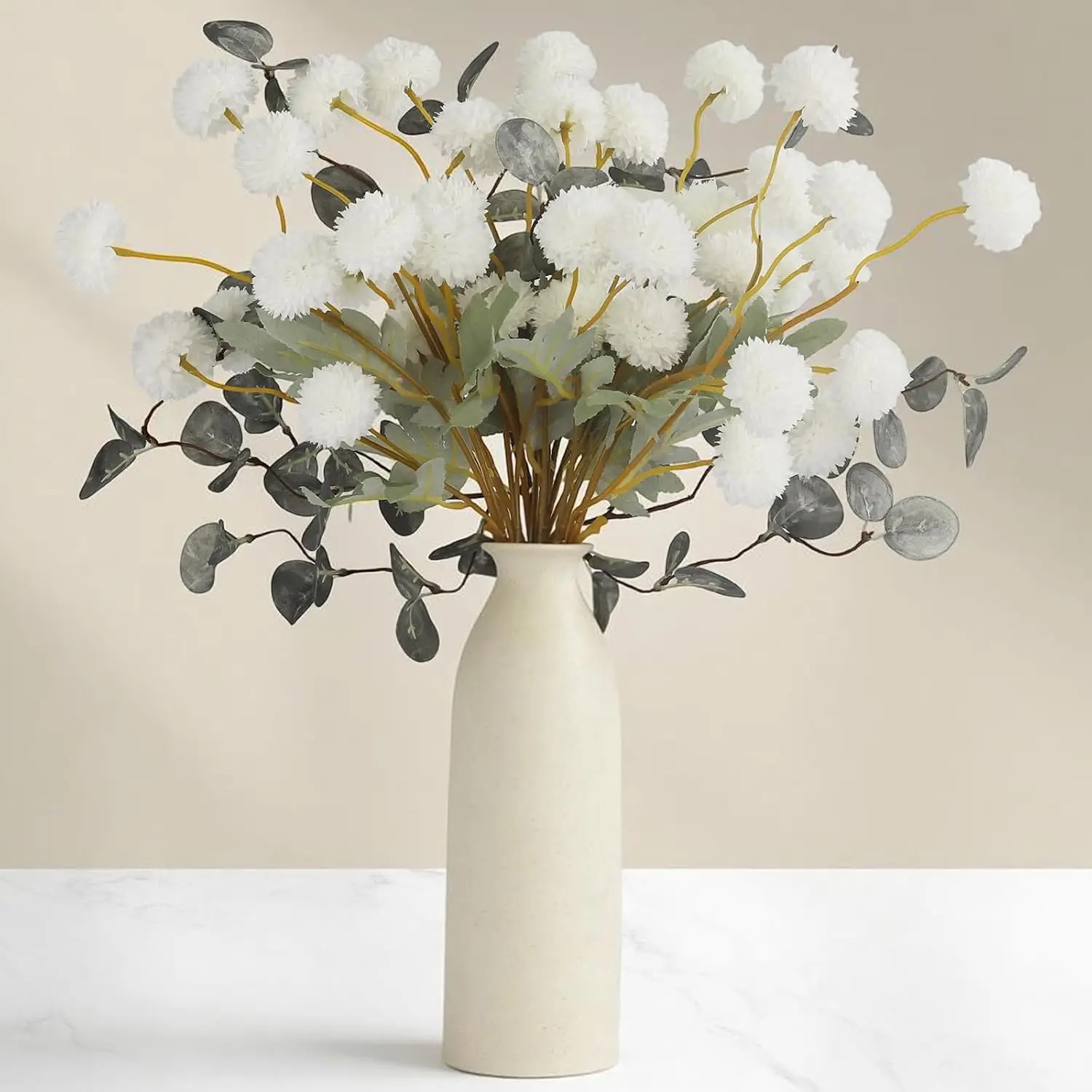 12 Pcs White Faux Silk Mum Bouquet with 50 Heads, Eucalyptus & Long Stems - Ceramic Table Decorative Artificial Plants for Wedding Centerpieces, Vase Fillers, Home Decor, Kitchen