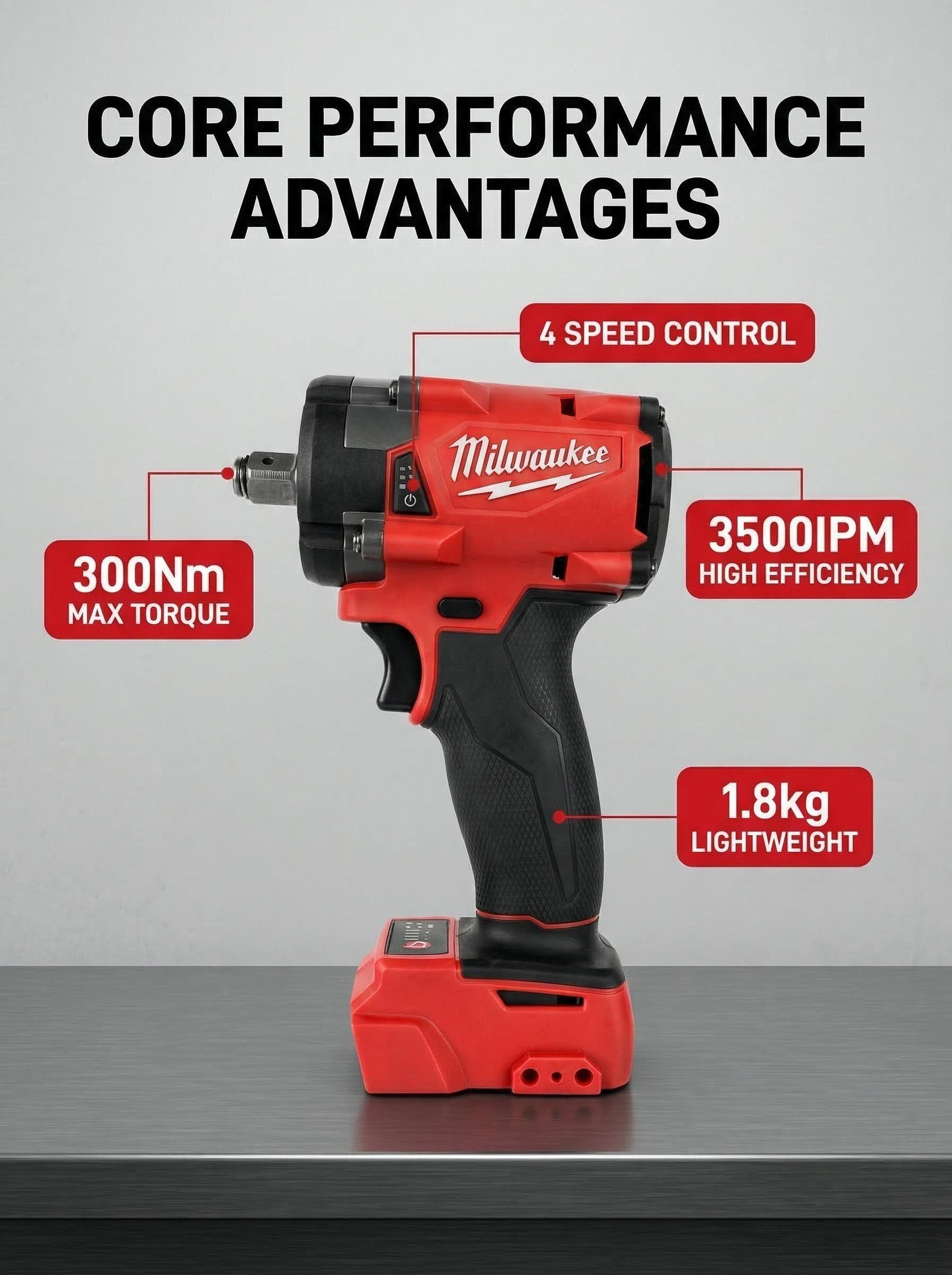 Milwaukee M18 18V Brushless Impact Wrench 1/2" 300Nm 4-Mode Torque Cordless Kit with Charger & Tool for Auto Truck Repair gear power m 18