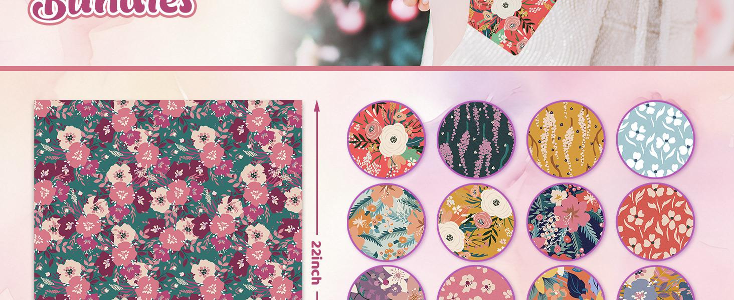 16 Pcs Floral Cotton Bundles Fat Quarters Vintage Flower Meadow Quilting Patchwork for DIY Sewing Craft, 18 x 22 Inch