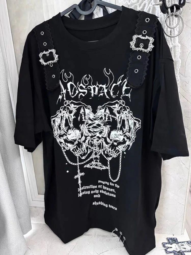 Yabi Hottie Gothic Dark Vintage Tops Subculture Y2k Print Short Sleeves Loose T-shirt Women Black Casual Clothes 2000s Chic Tees