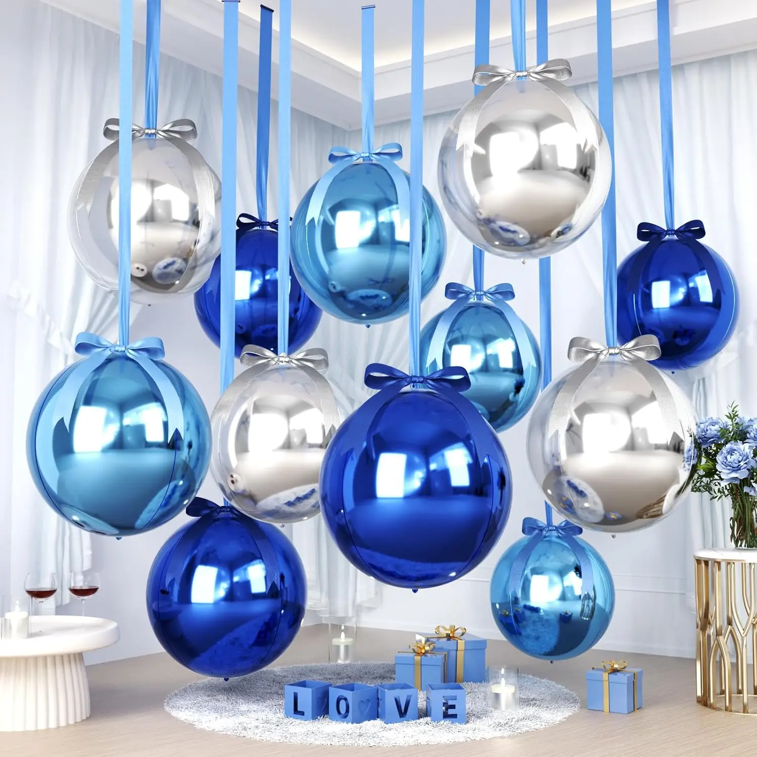 12PCS Blue & Silver 4D Foil Balloons Set – 22"/15"/10" Metallic Round Balloons with Satin Ribbons & Bows for Wedding, Birthday, New Year, Graduation & Disco Party Decor