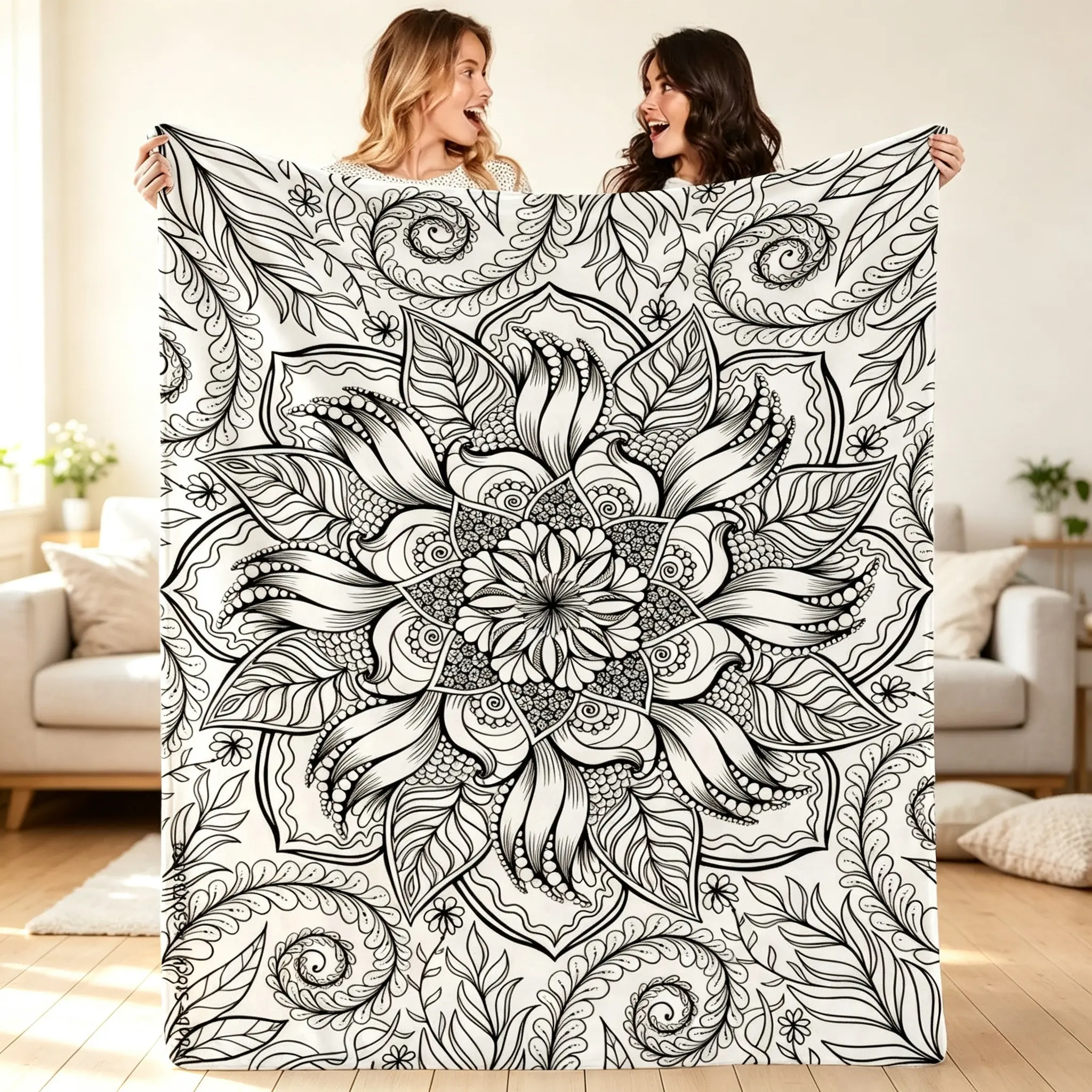 Coloring Blanket, Graphic Throw Blanket, Floral Print Blanket for Adults - Flannel Mandala And Line Art Throw with English Patterns, Coloring Pages, Portable Travel Shawl, Hand-Painted Gift for Bed, Sofa, Home And Outdoor Use, Birthday