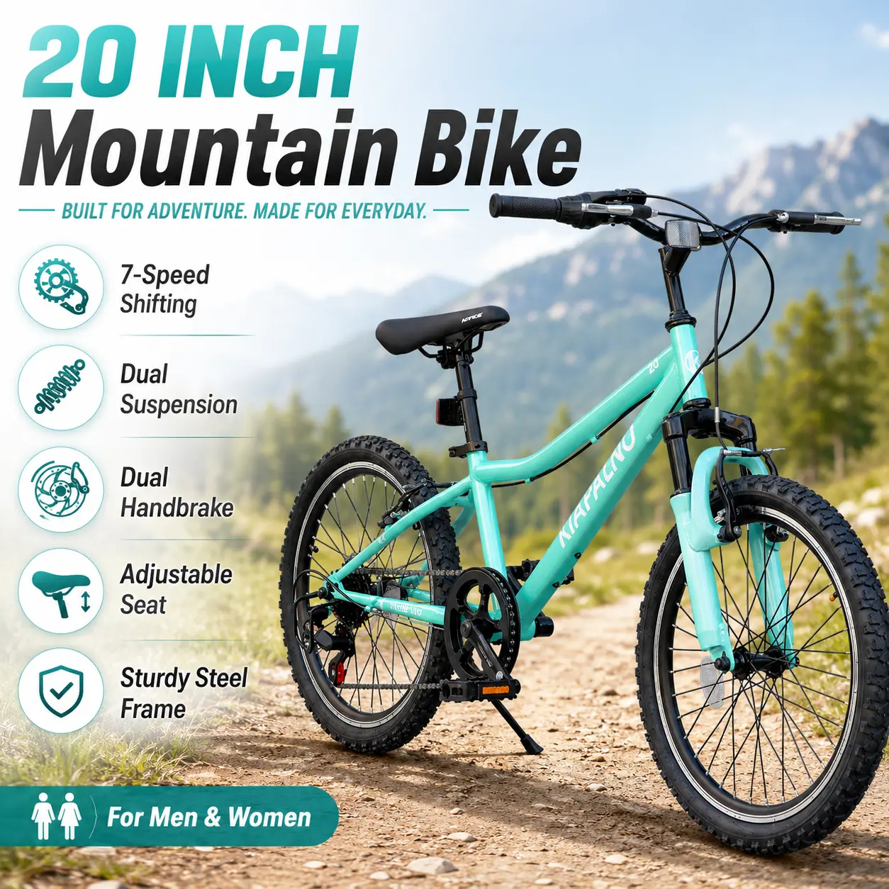 20 Inch Mountain Bike 7 Speed Adult Dual Suspension Mountain Bicycle with Sturdy Steel Frame Twist Shifting Dual Handbrake Adjustable Seat for Men Women Trail Riding Outdoor Cycling Commuting and Beginner Riders