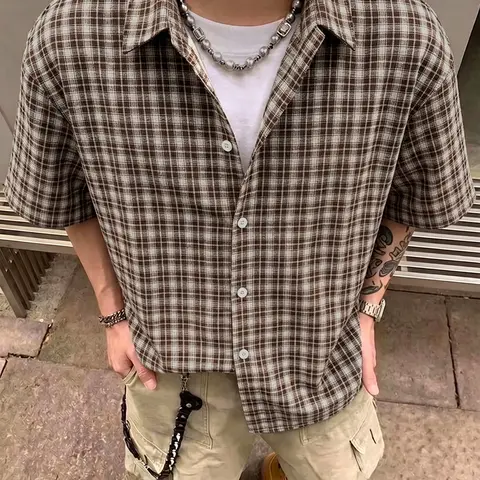 Men’s Vintage Plaid Print Short Sleeve Shirt, Button Down Loose, Multi-Wear Style, Oversized Boxy Fit, Lightweight Breathable Fabric, 90s Retro Casual Top for Everyday Wear, Streetwear