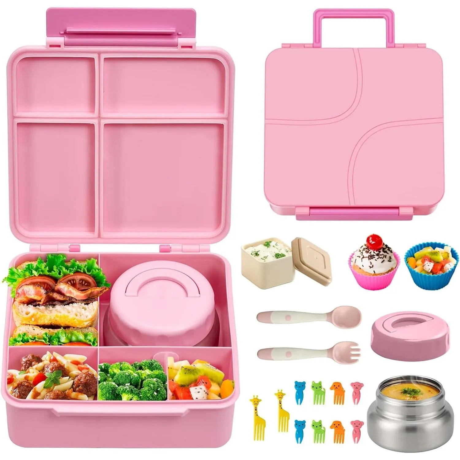 Bento Box for Kids Lunch box with Leak Proof Thermos Food Jar, Food Lunch Containers for Girls with 4 Compartments, Food Picks, Sauce Jar(Pink)