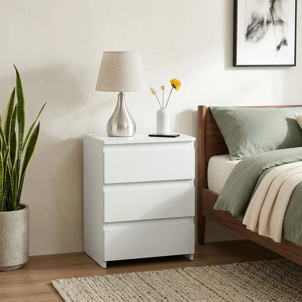Black White CARB P2 MDF Handle-Free Large Nightstand - 3 Drawers Vertical Accent Side Table, Waterproof Scratch-Resistant Veneer, Heavy-Duty Minimalist Modern Bedroom Furniture with Clean Design for Bedroom Living Room