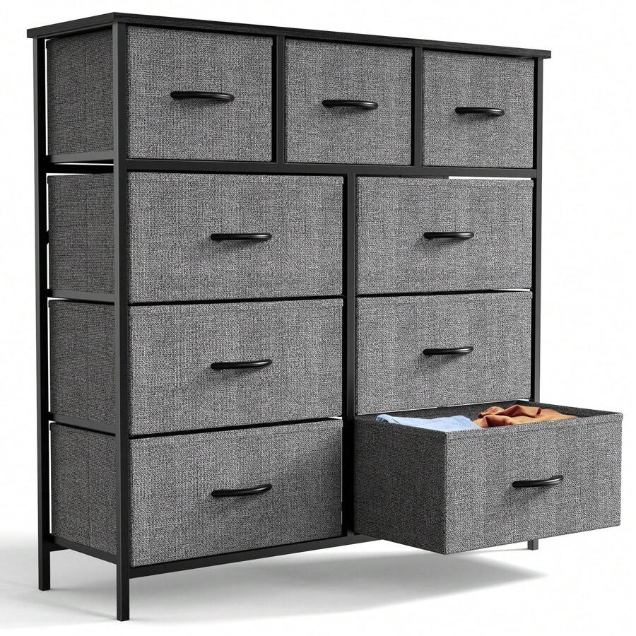 Tall 9-Drawer Fabric Storage Cabinet, Wood Top Surface Table Chest, Grid Cabinet & Fabric Storage Tower, Steel Frame, Easy Pull Handle, Charcoal, Perfect for Bedroom, Hallway, Entryway, Closet