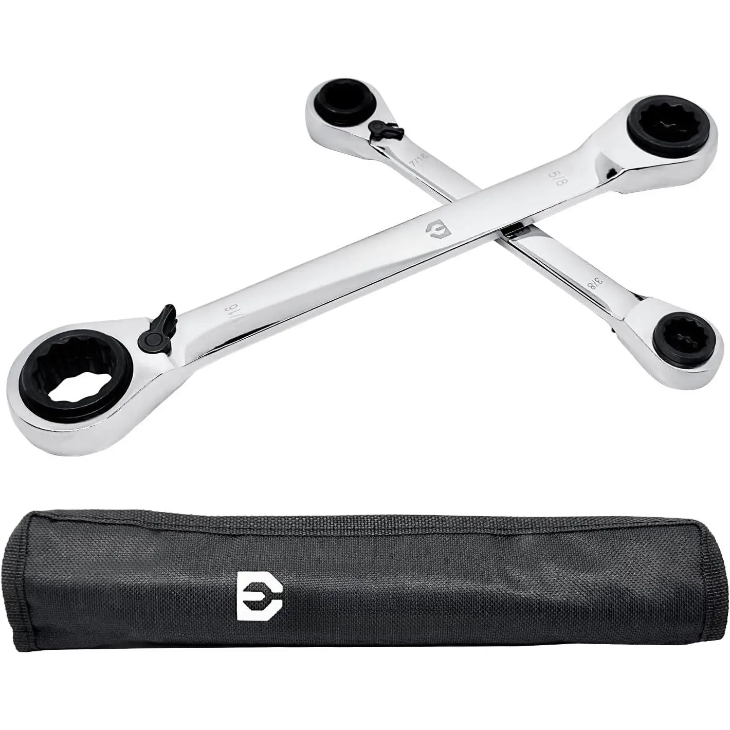 2- 4-in-1 Ratcheting Wrench Set, Double Box End Reversible Ratchet Wrenches,SAE, 5/16, 3/8, 7/16, 1/2 & 9/16, 5/8, 11/16, 3/4-Inch, CR-V Steel, Mirror Polished, with Rolling Pouch