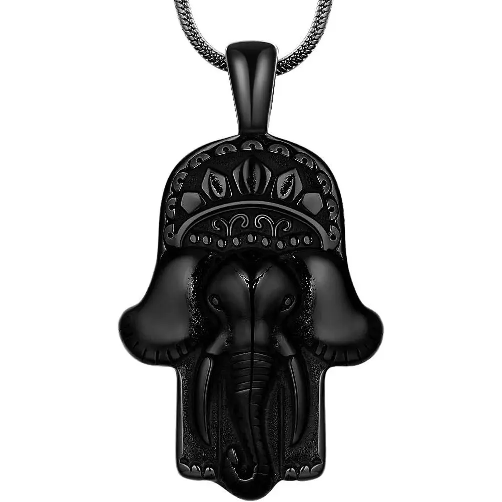 Hamsa Hand Necklace Mens 316L Stainless Steel Hand of Fatima Pendant 18k Gold/Black Gun Plated Path of Symbols Lucky Amulet Jewelry