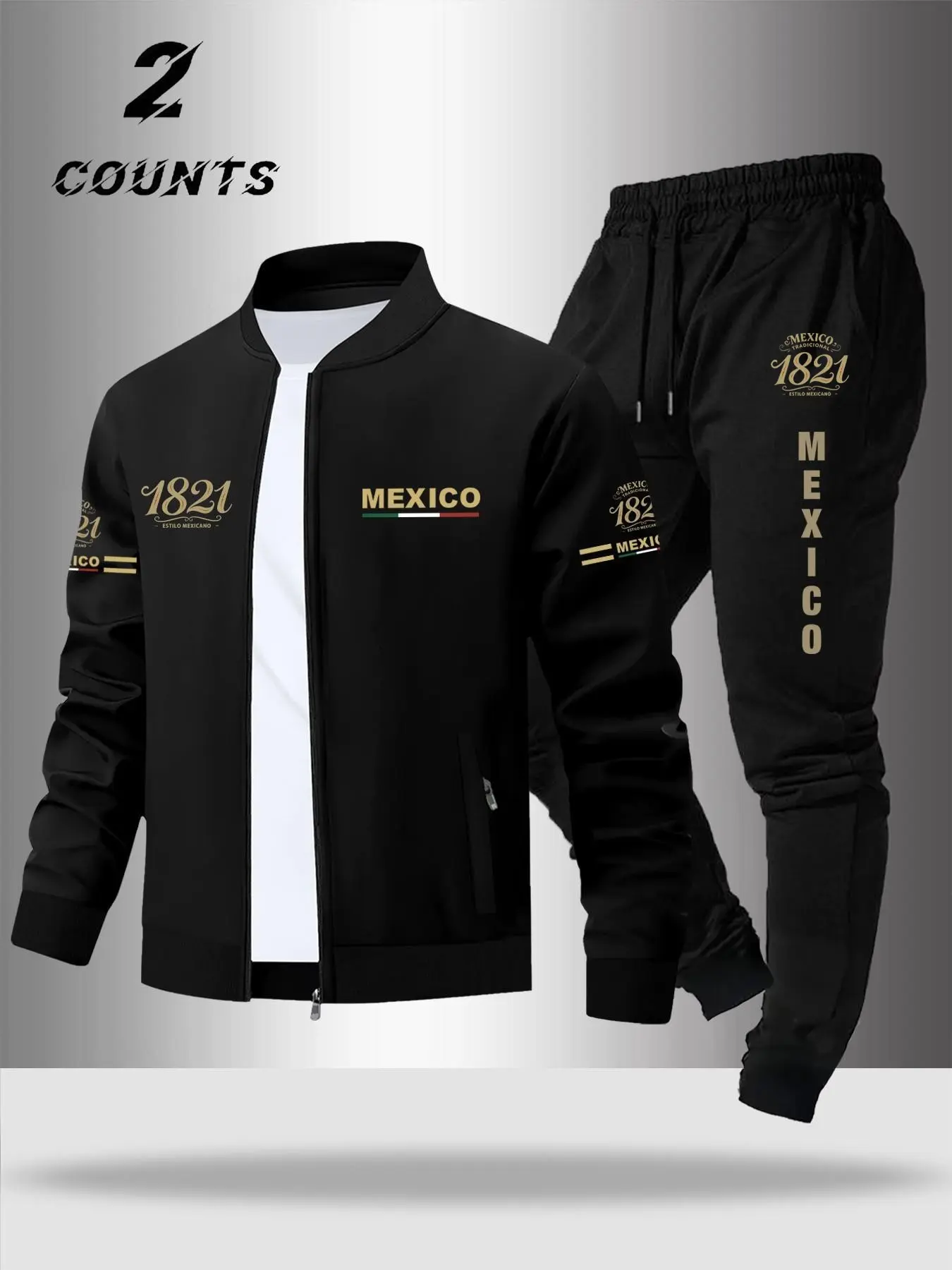 Men's Fall Winter Street Style Stand Collar Jacket + Drawstring Sports Pants Set, Mexico Letter Print, Casual Daily Wear Gift