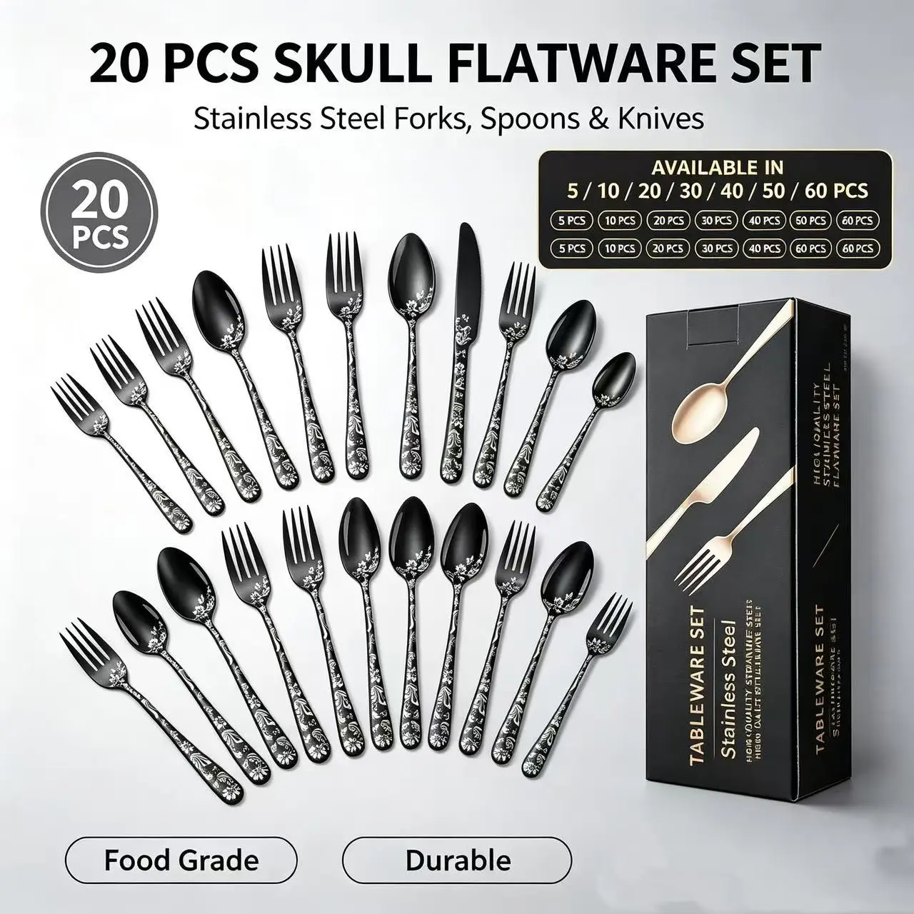 Luxury Patterned Stainless Steel Cutlery Set, 5/20/30/40/50/60 Pieces, Home Western Dining Knife Fork Spoon Gift Box
