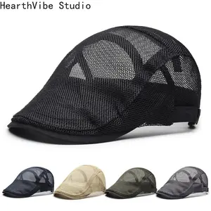 Unisex Open Knit Mesh Beret Adjustable Breathable Summer Sun Hat British Retro Flat Duckbill Outdoor Sport Cap