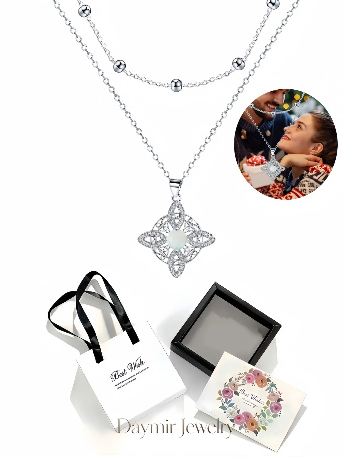 Stylish double‑layer opal luxury necklace carved with classic Celtic‑knot patterns for women. Packed in an exquisite drawer‑style jewelry box, it is a thoughtful gift for birthdays, Valentine’s Day, Christmas and anniversaries.