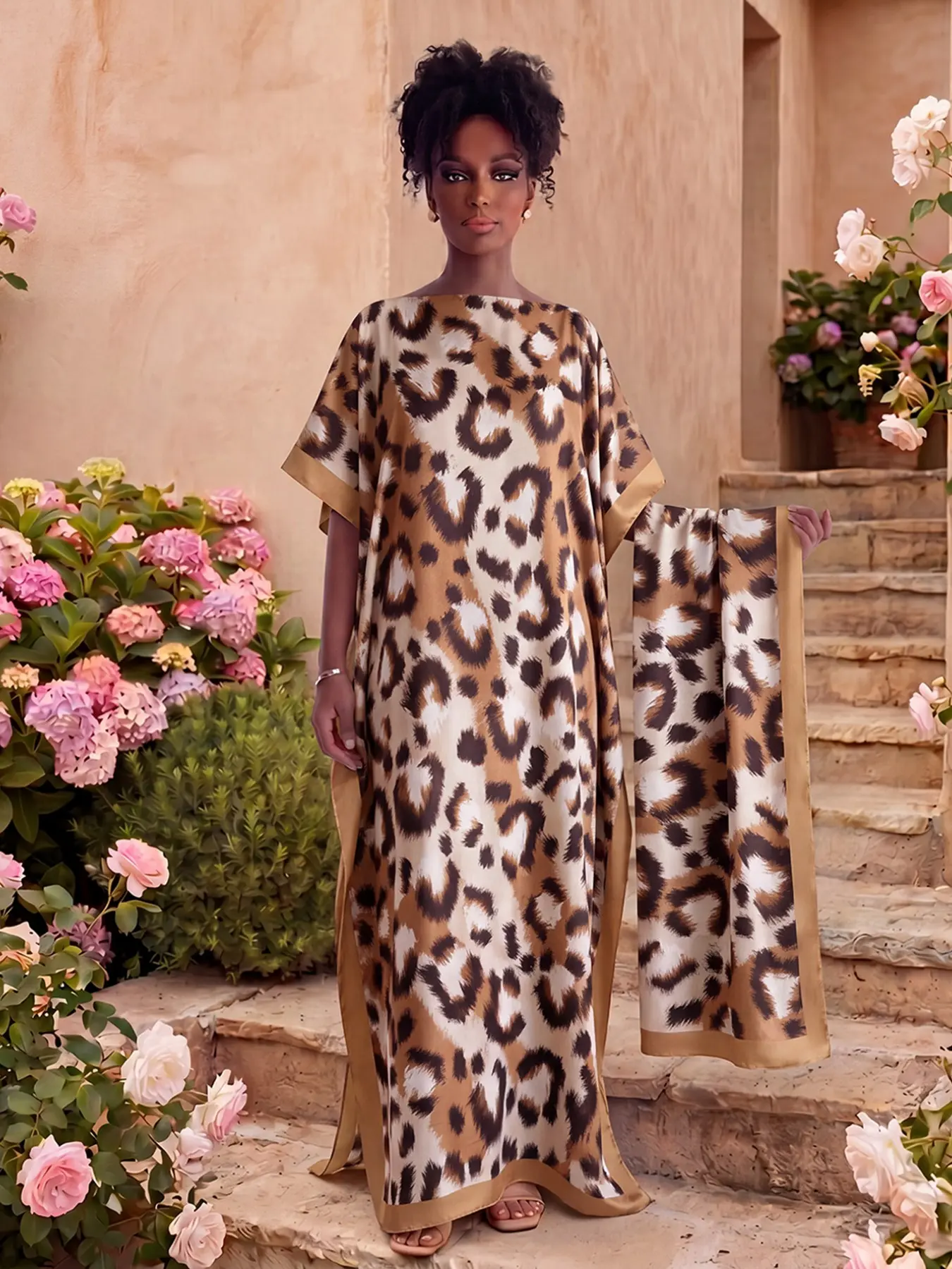 MOO MOO Women’s printed long dress and scarf set; Bohemian casual shawl dress with scarf; relaxed loose beachwear; soft and comfortable; suitable for all seasons; a must-have for seaside vacations. Matching Outfit