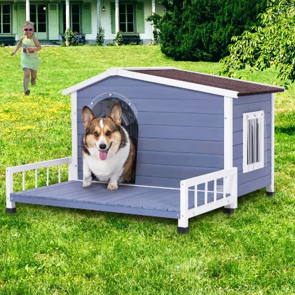 Dog House Mansion Pet Furniture, Wooden Dog House with Waterproof Asphalt Roof and Terrace, Raised Floor, Windows and Door Curtains, Indoor Outdoor Use for Small Medium Dogs