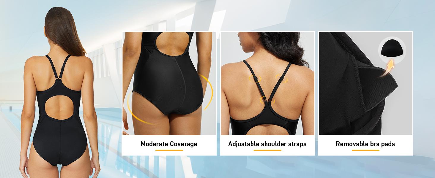 Baleaf Women's One Piece Swimsuit Athletic Training Bathing Suit with Adjustable Straps Solid Sporty Swimwear for Lap Swimming and Water Aerobics