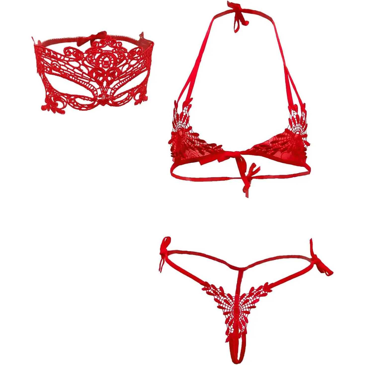 Lace Lingerie Self Tie Bra and Panty Set Sexy Micro Bikini Halter Small Top Strappy Tiny Thong Babydoll with Eye Mask