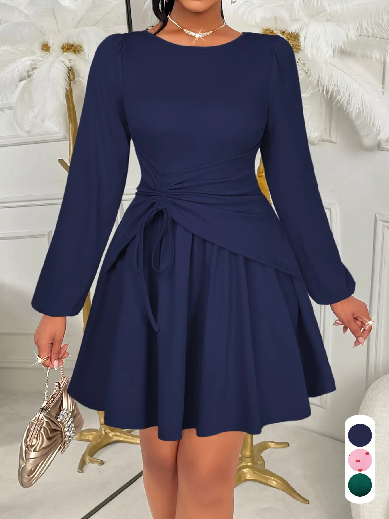 Elegant Fall Winter Women's Dress, Solid Color Round Neck Long Sleeve, Waist Tie Bow Mini Short Dress, Fashion Casual Ladies Wear, Chic