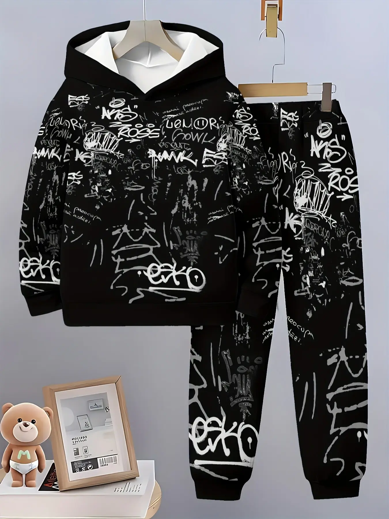 Boys' Casual Cartoon Sweatshirt Set, Fall Winter Long Sleeve Hoodie + Pants, Outdoor Training, Perfect Birthday Gift