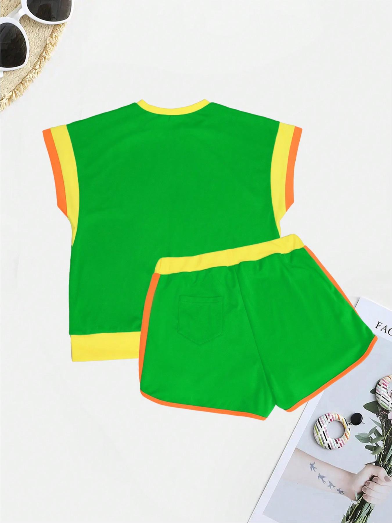 Women's Patchwork Print Short Sleeve Tee & Shorts Two-piece Set, Casual Round Neck T-shirt & Shorts for Daily Wear, Ladies Summer Clothes