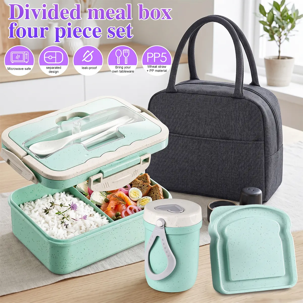 Multi Grid Lunch Box Set. Bento Boxes with Cup And Lunch Bag for School, Office And Outdoor Picnics