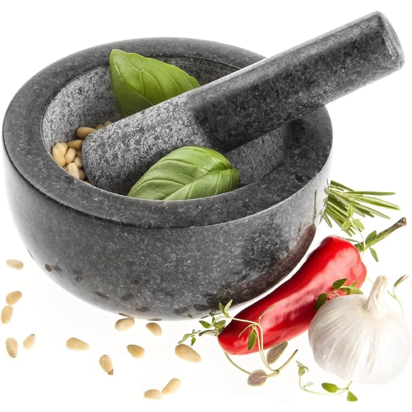 Large Black Granite Mortar & Pestle - Sturdy Rustic Kitchen Smooth Natural Stone Grinder for Spices, Pastes, Guacamole; Heavy Stone Design Prevents Sliding