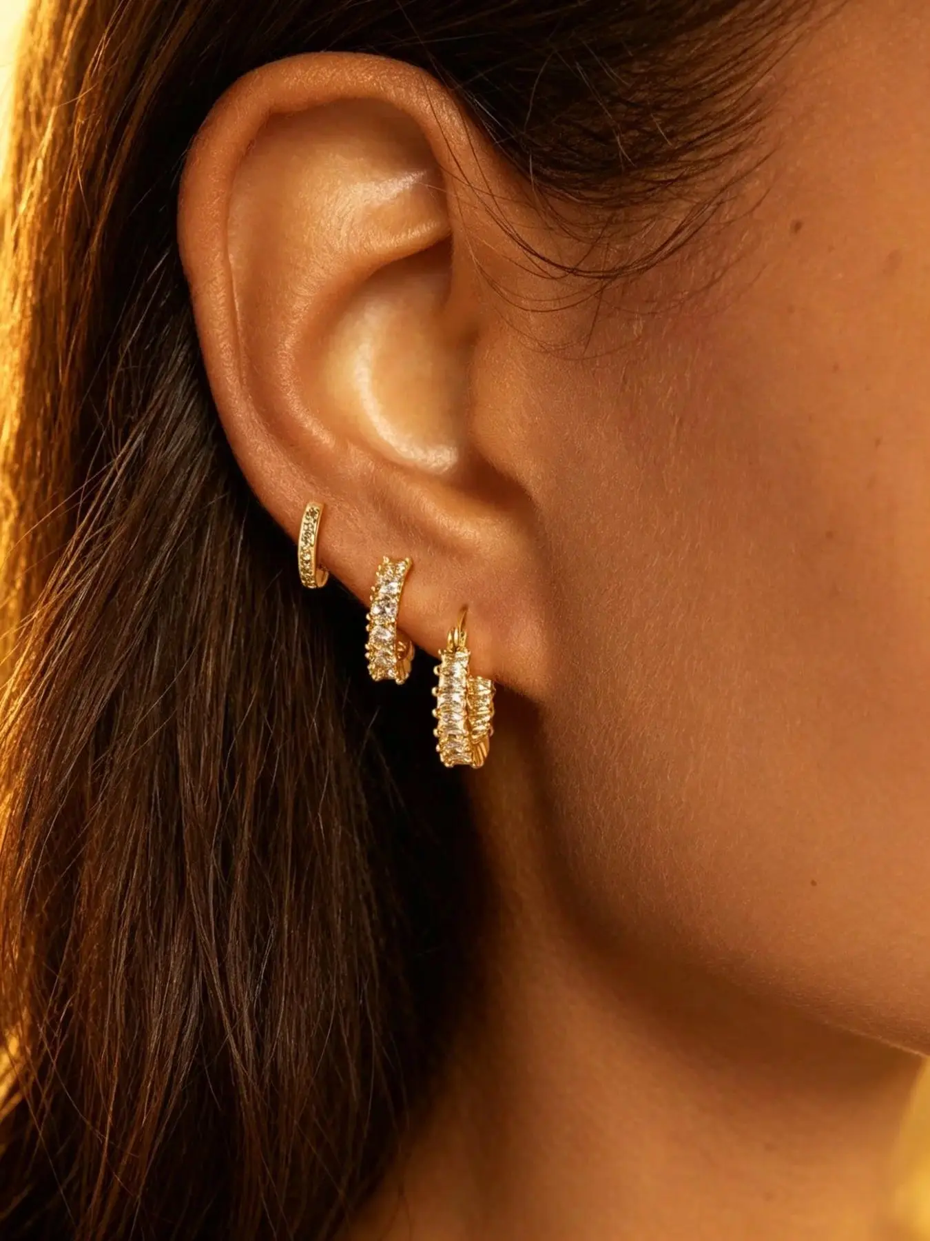 3 Pcs Pave Full White CZ Hoop Huggie Earring Set, Stainless Steel Gold Silver Two Tone Click Closure Earrings, Hypoallergenic Anti-Tarnish Stackable Bridal Wedding Statement Ear Jewelry Gift For Women